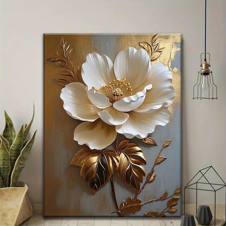 Vintage White Gold Floral Canvas Art - Snagrio