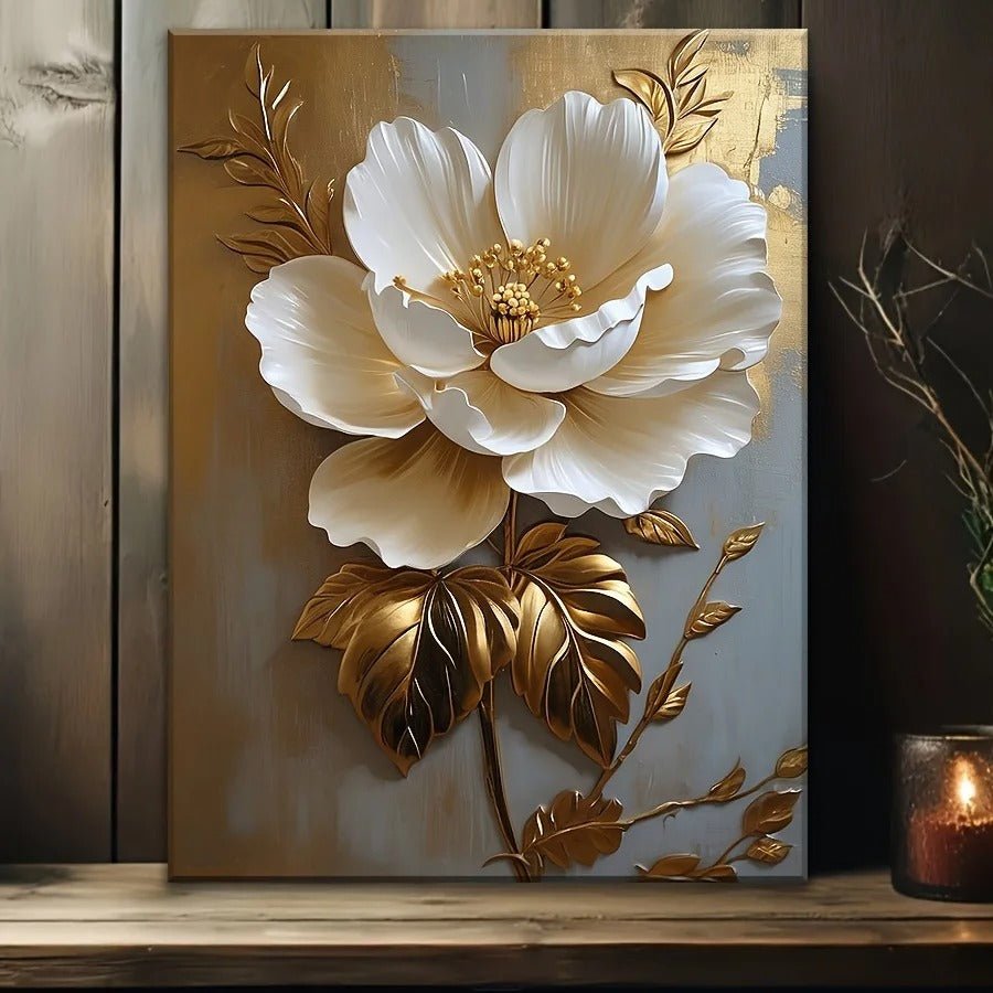 Vintage White Gold Floral Canvas Art - Snagrio