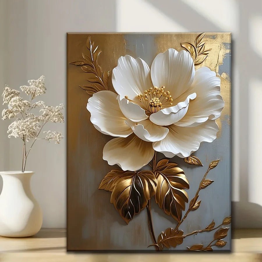 Vintage White Gold Floral Canvas Art - Snagrio